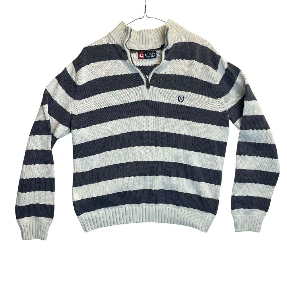 Chaps Quarter Zip Sweater Men’s Large Cream Gray Striped 100% Cotton Pullover - Picture 1 of 10